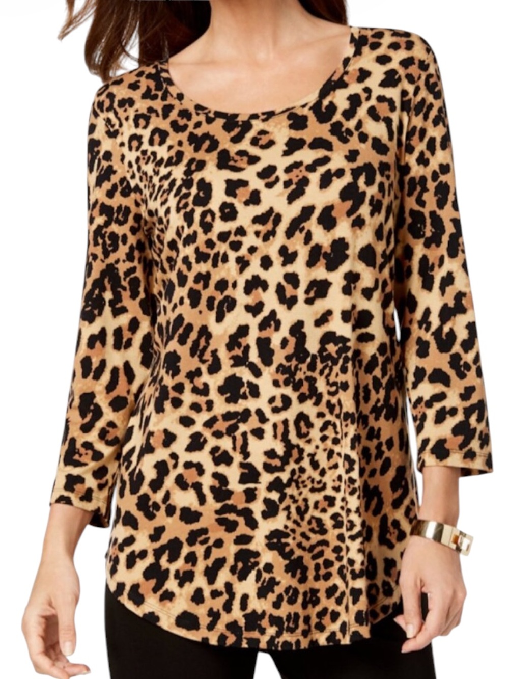 JM Collection Leopard Print 3/4 Sleeve Scoop Neck Shirttail Hem Top Size L